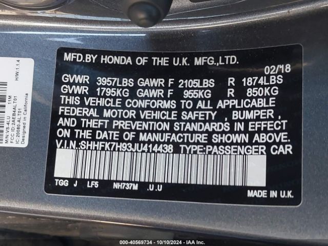 SHHFK7H93JU414438 Honda Civic Sport Touring
