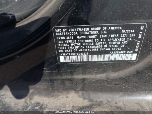 1VWAT7A30FC033226 Volkswagen Passat 1.8t S