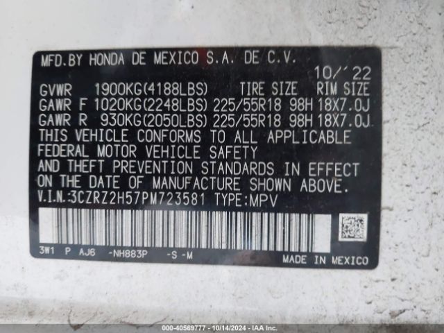 3CZRZ2H57PM723581 Honda Hr-v Awd Sport