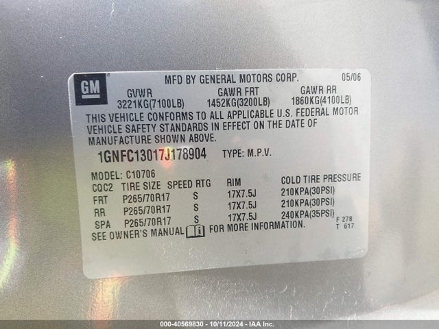 40569830 :رقم المزاد ، 1GNFC13017J178904 vin ، 2007 Chevrolet Tahoe Lt مزاد بيع