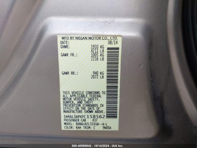 Nissan Altima 2.5 Sl 2015 1N4AL3APXFC158562 Image 9