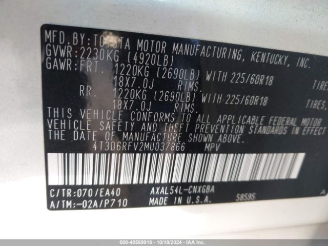 4T3D6RFV2MU037866 Toyota Rav4 Hybrid Limited
