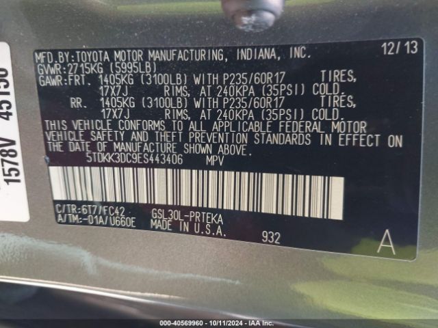 5TDKK3DC9ES443406 Toyota Sienna Le V6 8 Passenger