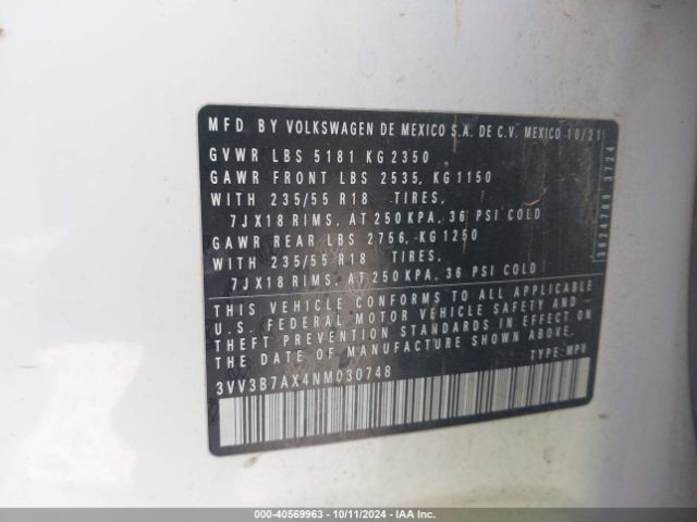 3VV3B7AX4NM030748 Volkswagen Tiguan 2.0t Se
