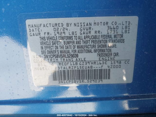 3N1CP5BV5RL529039 Nissan Kicks S Xtronic Cvt