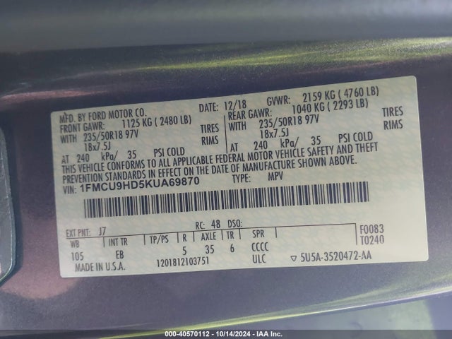 Ford ESCAPE SEL 2019 1FMCU9HD5KUA69870 Image 9