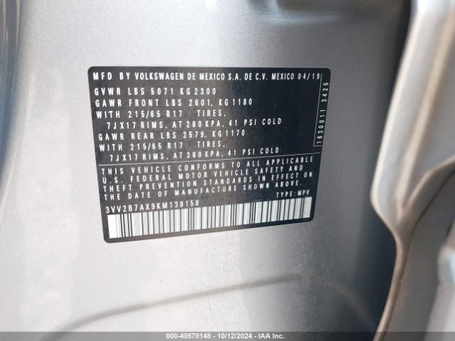 3VV2B7AX9KM138158 Volkswagen Tiguan 2.0t Se/2.0t Sel/2.0t Sel R-line/2.0t Sel R-line Black