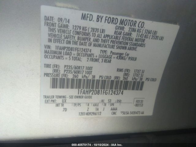 1FAHP2D81FG124374 Ford TAURUS SE