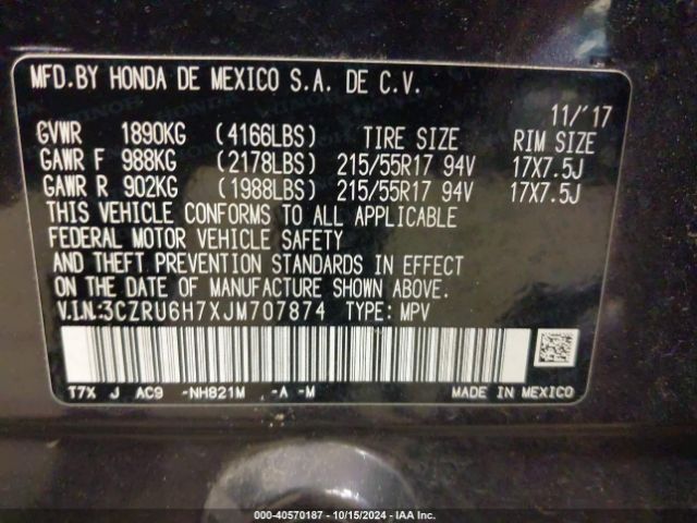 3CZRU6H7XJM707874 Honda Hr-v Ex-l