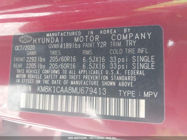 KM8K1CAA8MU679413 Hyundai Kona Se