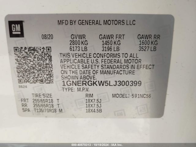 1GNERGKW5LJ300399 Chevrolet Traverse Fwd Lt Cloth