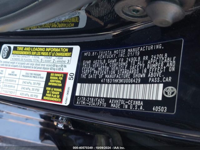 4T1B31HK9KU006429 Toyota Camry Hybrid Le