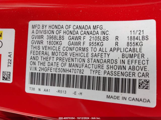 2HGFE1E50NH470782 Honda CIVIC SI SEDAN