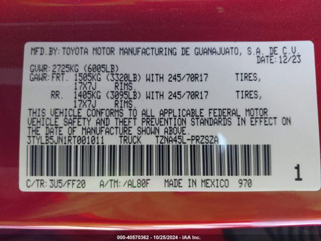 3TYLB5JN1RT001011 Toyota Tacoma Sr5