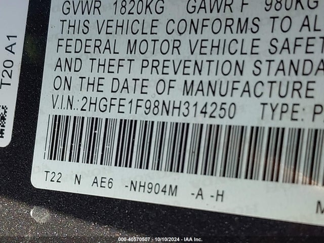Honda Civic Touring 2022 2HGFE1F98NH314250 Image 9