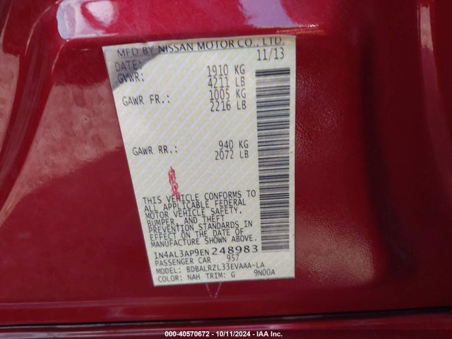Nissan Altima 2.5 S 2014 1N4AL3AP9EN248983 Image 9