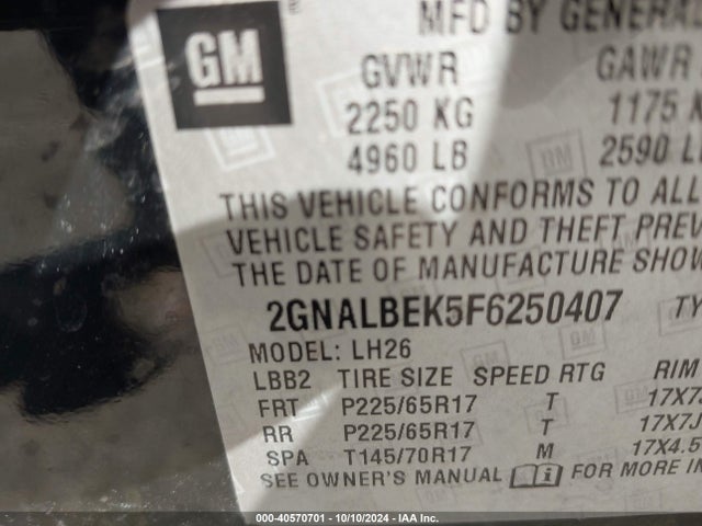 Chevrolet EQUINOX 1LT 2015 2GNALBEK5F6250407 Image 9