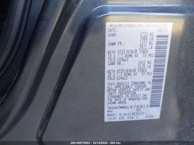 5N1AR2MM8EC676913 Nissan Pathfinder Sl