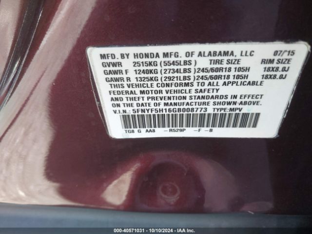 5FNYF5H16GB008773 Honda PILOT LX