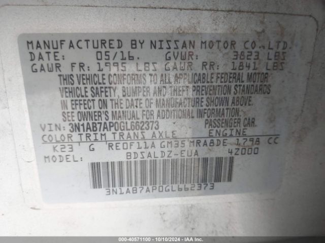 3N1AB7AP0GL662373 Nissan Sentra Fe+ S/s/sl/sr/sv