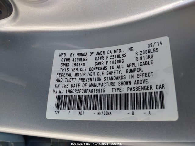Honda ACCORD LX 2015 1HGCR2F30FA016915 Image 9
