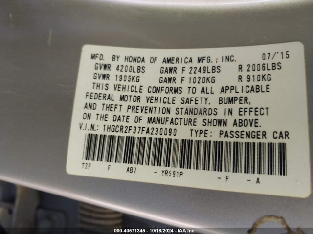 Honda ACCORD LX 2015 1HGCR2F37FA230090 Image 9