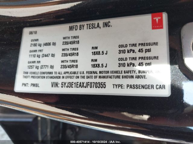 5YJ3E1EAXJF070355 Tesla Model 3 Long Range/mid Range