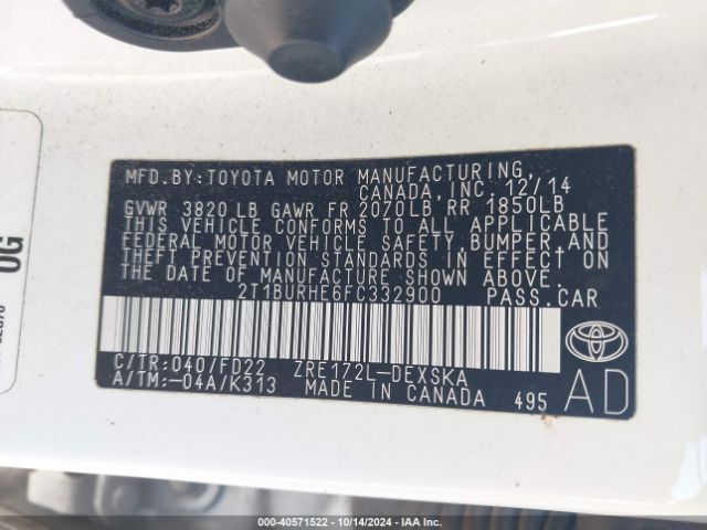 2T1BURHE6FC332900 Toyota Corolla S