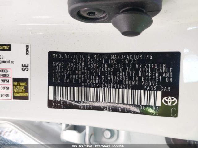 5YFB4MDE3RP114586 Toyota COROLLA LE