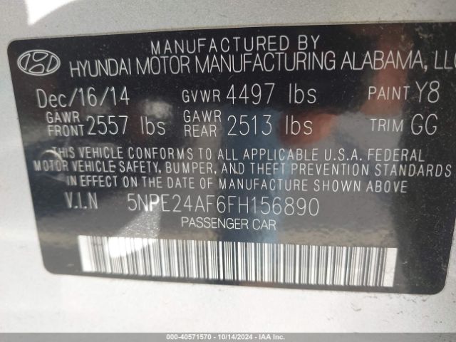 5NPE24AF6FH156890 Hyundai SONATA SE