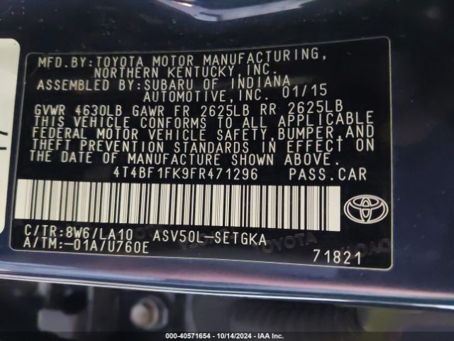 4T4BF1FK9FR471296 Toyota CAMRY XLE