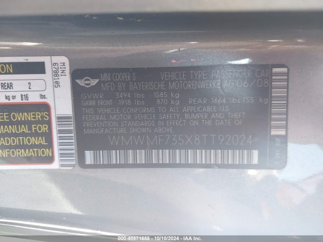 2008 MINI COOPER S WMWMF735X8TT92024 Photo 8