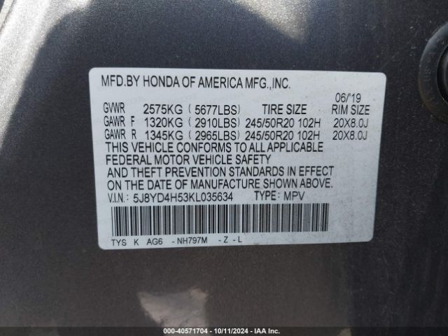 5J8YD4H53KL035634 Acura Mdx Tech Pkg