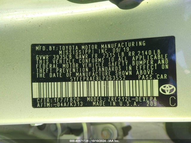 Toyota COROLLA LE 2020 5YFEPRAE8LP063552 Image 9
