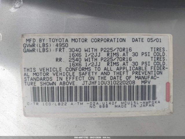 Aukcja sprzedaży 2001 Lexus Rx 300, vin: JTJHF10U310220208, numer aukcji: 40571792