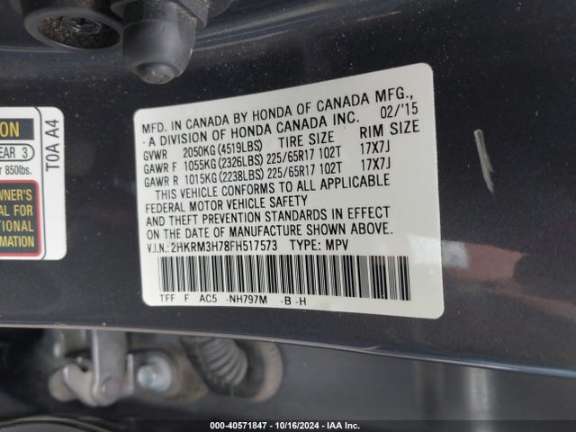 Honda Cr-v Ex-l 2015 2HKRM3H78FH517573 Image 9