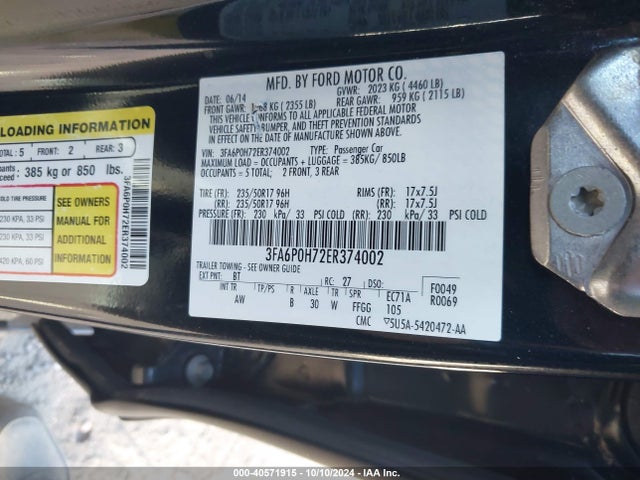 Ford FUSION SE 2014 3FA6P0H72ER374002 Image 9