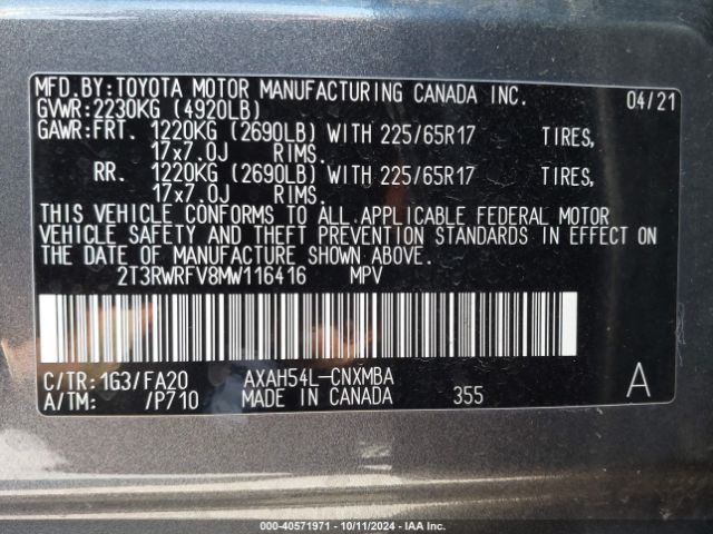 2T3RWRFV8MW116416 Toyota Rav4 Hybrid Xle