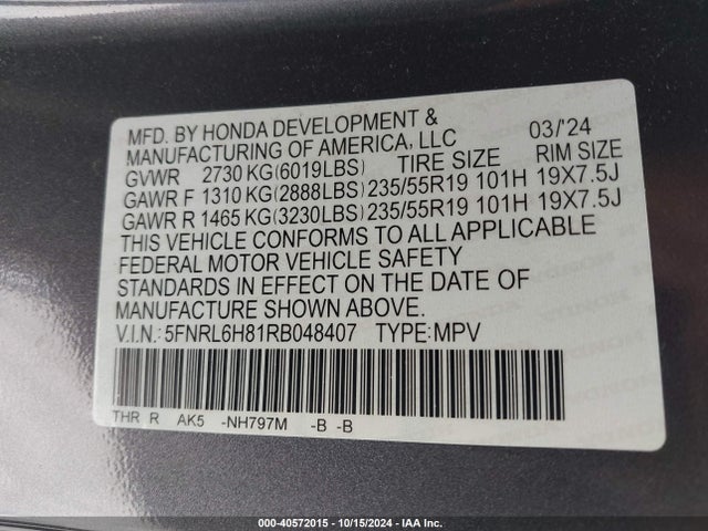 Honda Odyssey Touring 2024 5FNRL6H81RB048407 Image 9