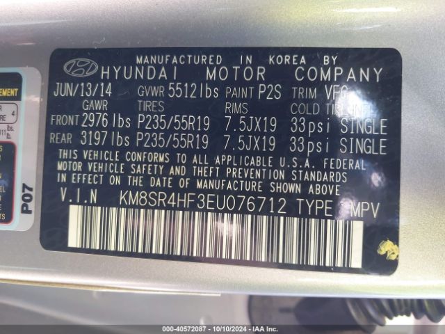 KM8SR4HF3EU076712 Hyundai Santa Fe Limited