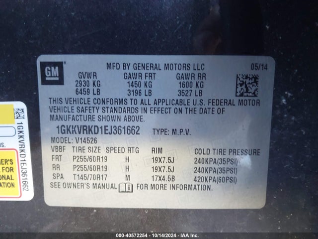 1GKKVRKD1EJ361662 GMC Acadia Slt-1