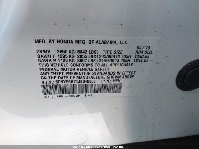 Honda Pilot Ex-l 2018 5FNYF6H74JB040655 Image 9