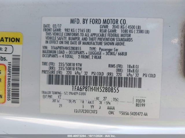 Ford Mustang Ecoboost 2017 1FA6P8TH4H5280855 Image 9