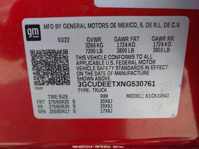 3GCUDEETXNG530761 Chevrolet Silverado 1500 4wd  Short Bed Rst
