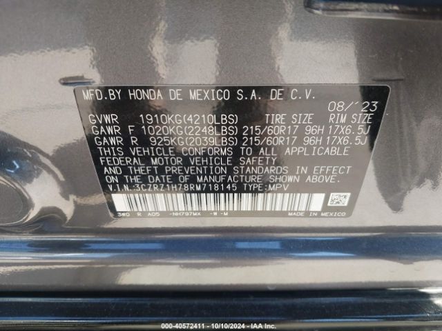 3CZRZ1H78RM718145 Honda Hr-v 2wd Ex-l/2wd Ex-l W/o Bsi