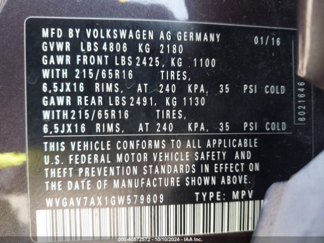 WVGAV7AX1GW579609 Volkswagen TIGUAN S