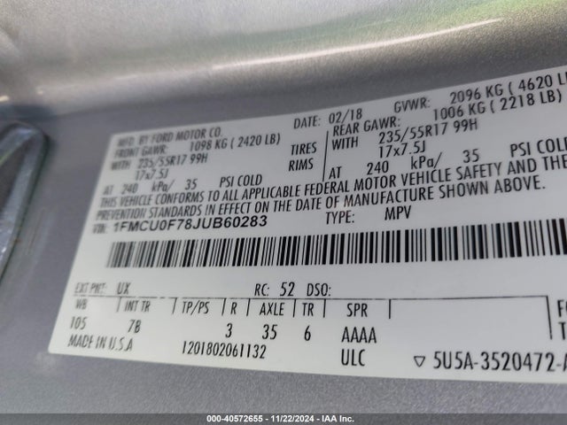 Ford ESCAPE S 2018 1FMCU0F78JUB60283 Image 9