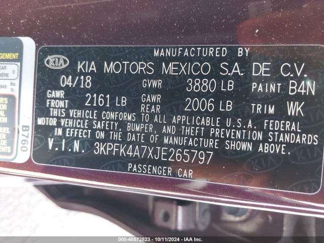 3KPFK4A7XJE265797 KIA FORTE LX