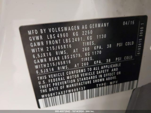 WVGBV7AX2FW609137 Volkswagen TIGUAN S