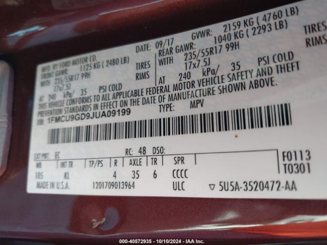 1FMCU9GD9JUA09199 Ford ESCAPE SE